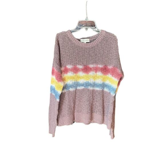 KNOX ROSE LIGHTWEIGHT OPEN KNIT COTTON SWEATER RAINBOW TIE-DYE STRIPED CREWNECK - Picture 6 of 15